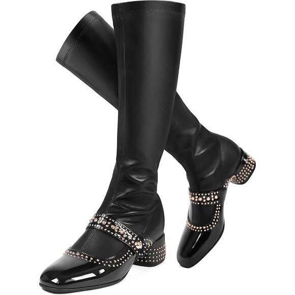 ⚡Women's Round Toe Comfortable Chunky Block Heel Elastic Stretch Tall Boots - Picture 1 of 6